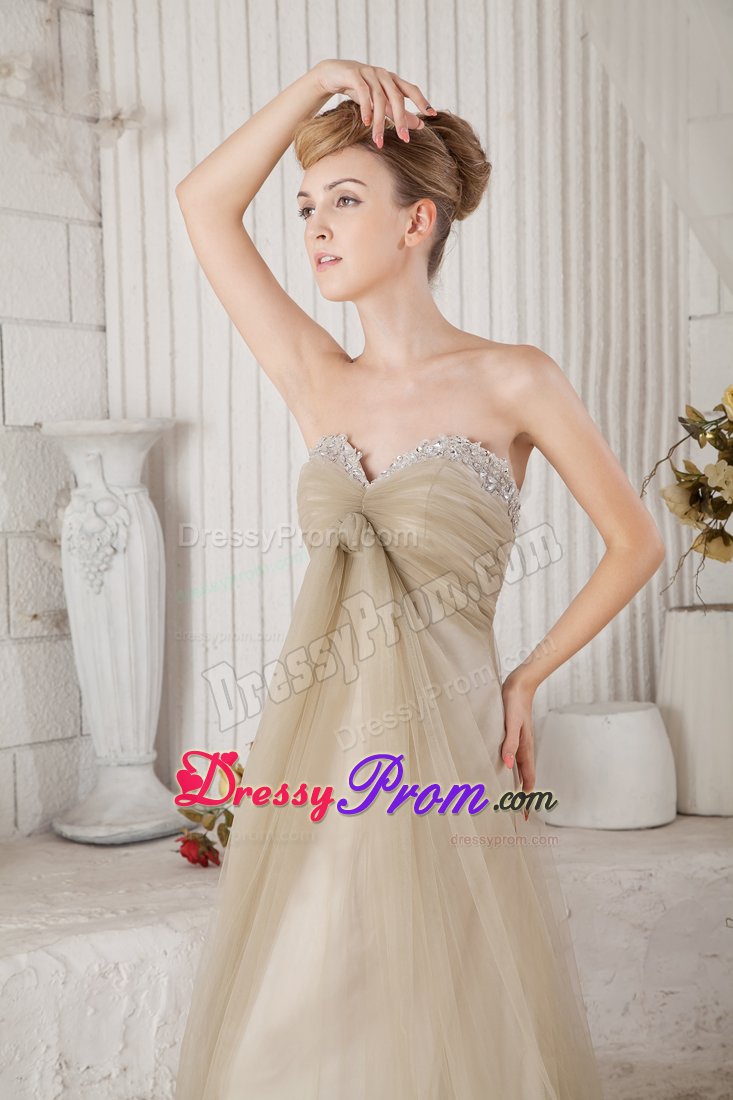 Lovely Tulle Brown Beading Brush Train Bridesmaid Prom Dresses