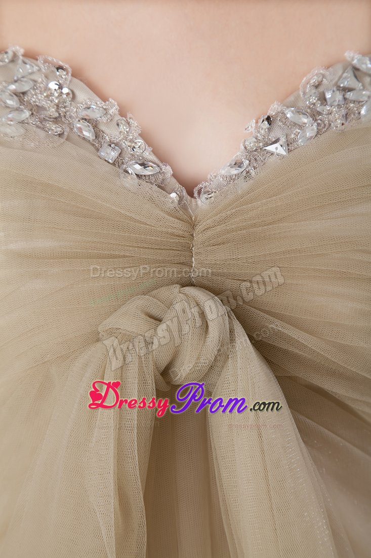 Lovely Tulle Brown Beading Brush Train Bridesmaid Prom Dresses