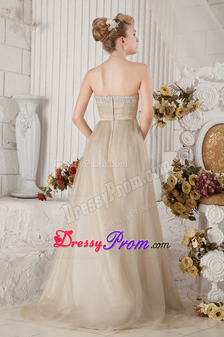Lovely Tulle Brown Beading Brush Train Bridesmaid Prom Dresses