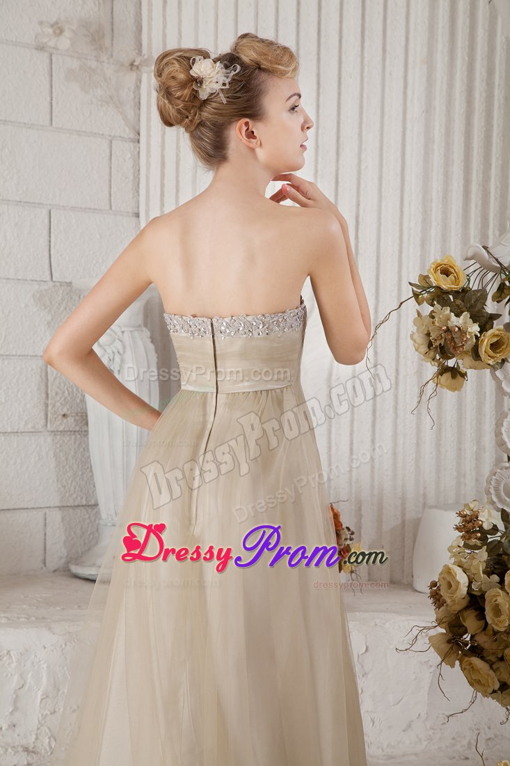 Lovely Tulle Brown Beading Brush Train Bridesmaid Prom Dresses