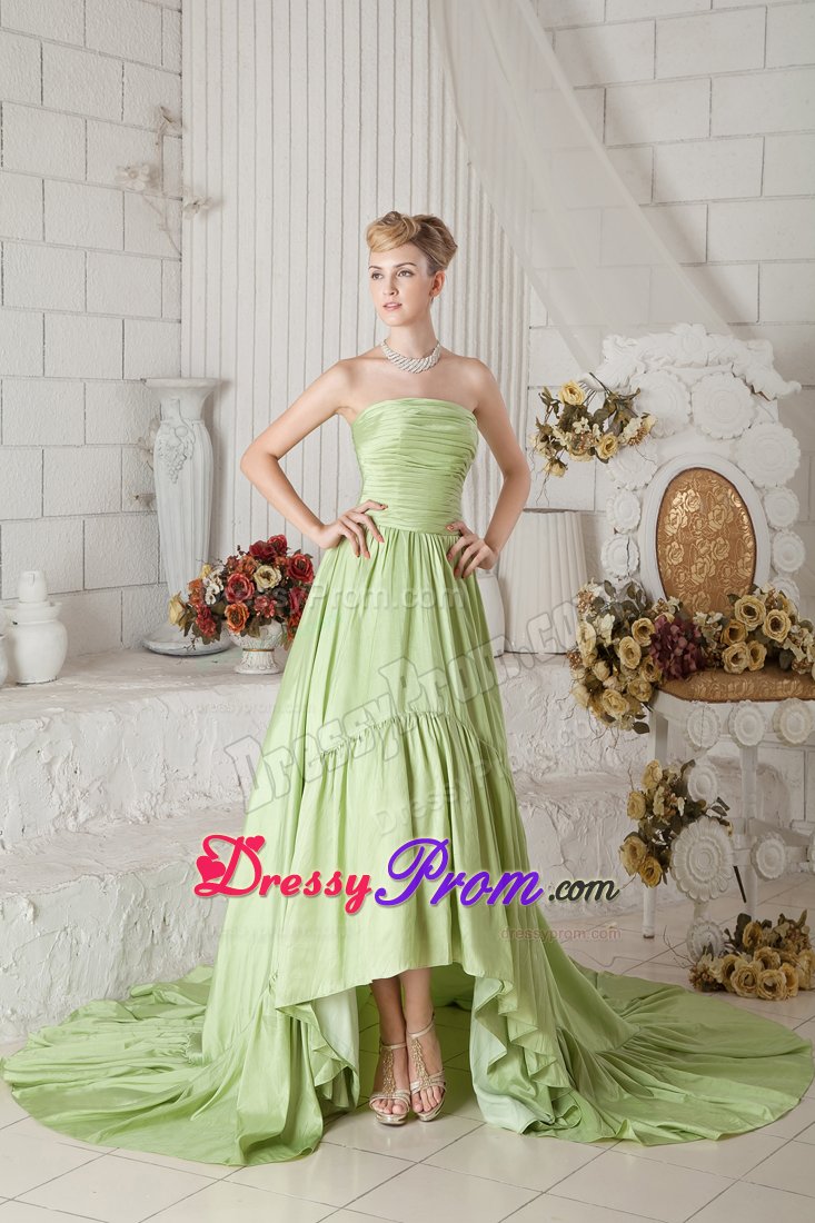 Pleated Yellow Green Taffeta Ruched Holiday Prom Dress Chapel Train