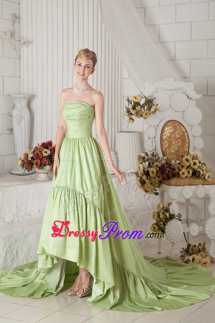 Pleated Yellow Green Taffeta Ruched Holiday Prom Dress Chapel Train