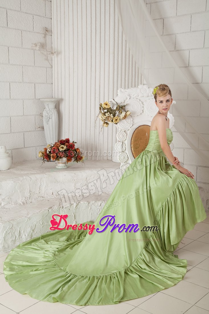 Pleated Yellow Green Taffeta Ruched Holiday Prom Dress Chapel Train