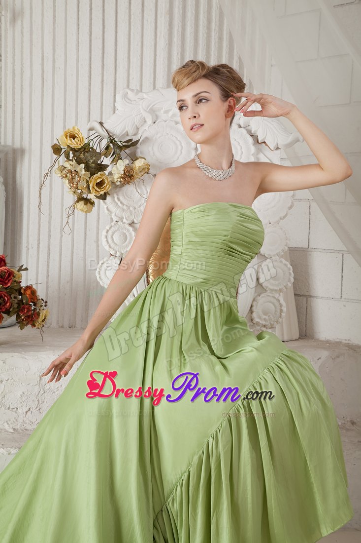 Pleated Yellow Green Taffeta Ruched Holiday Prom Dress Chapel Train