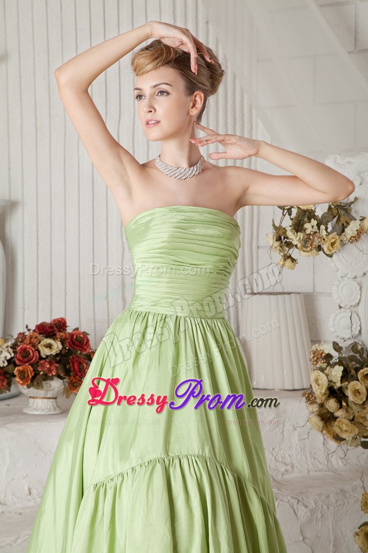 Pleated Yellow Green Taffeta Ruched Holiday Prom Dress Chapel Train