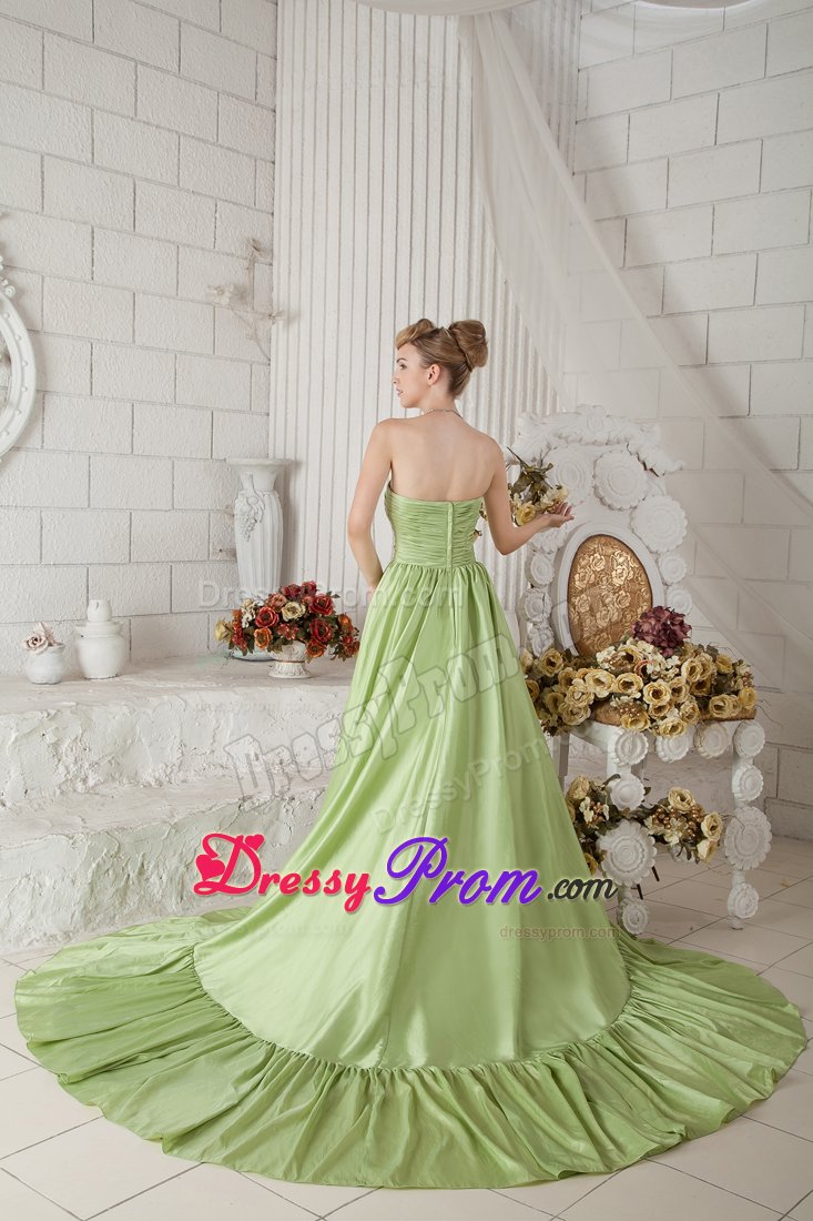 Pleated Yellow Green Taffeta Ruched Holiday Prom Dress Chapel Train