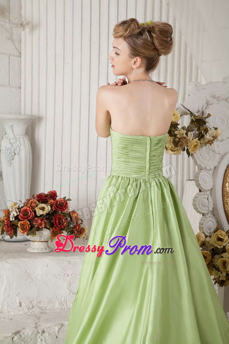 Pleated Yellow Green Taffeta Ruched Holiday Prom Dress Chapel Train
