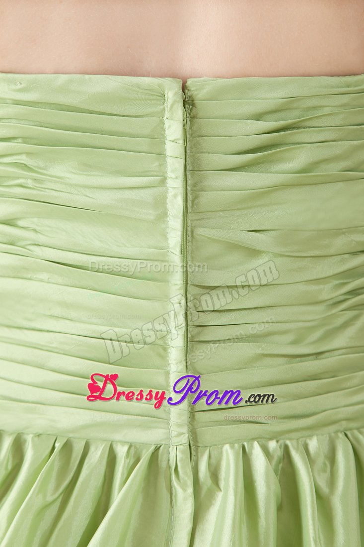 Pleated Yellow Green Taffeta Ruched Holiday Prom Dress Chapel Train