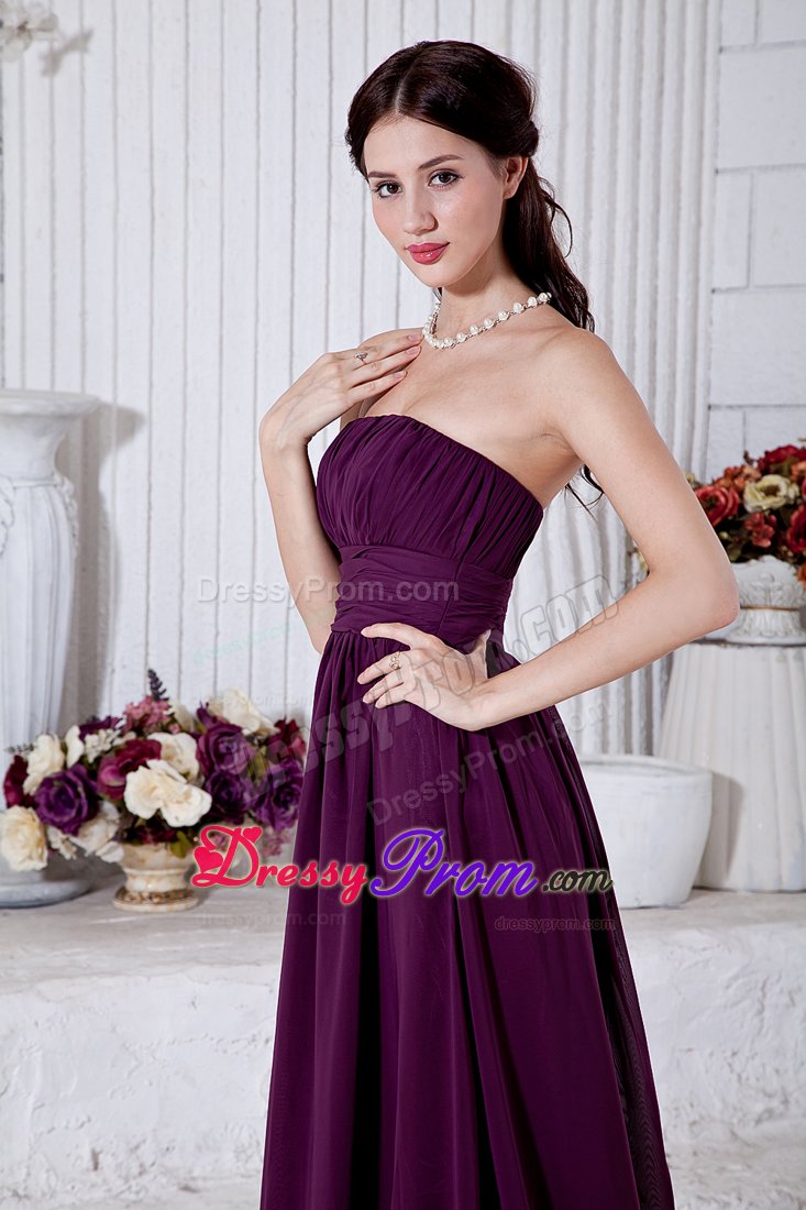 Dark Purple Strapless Ruched Chiffon Brush Train Prom Holiday Dress