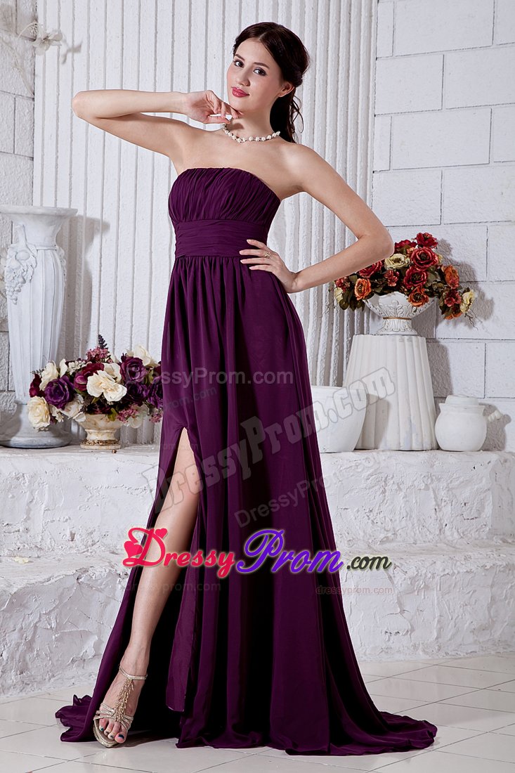 Dark Purple Strapless Ruched Chiffon Brush Train Prom Holiday Dress