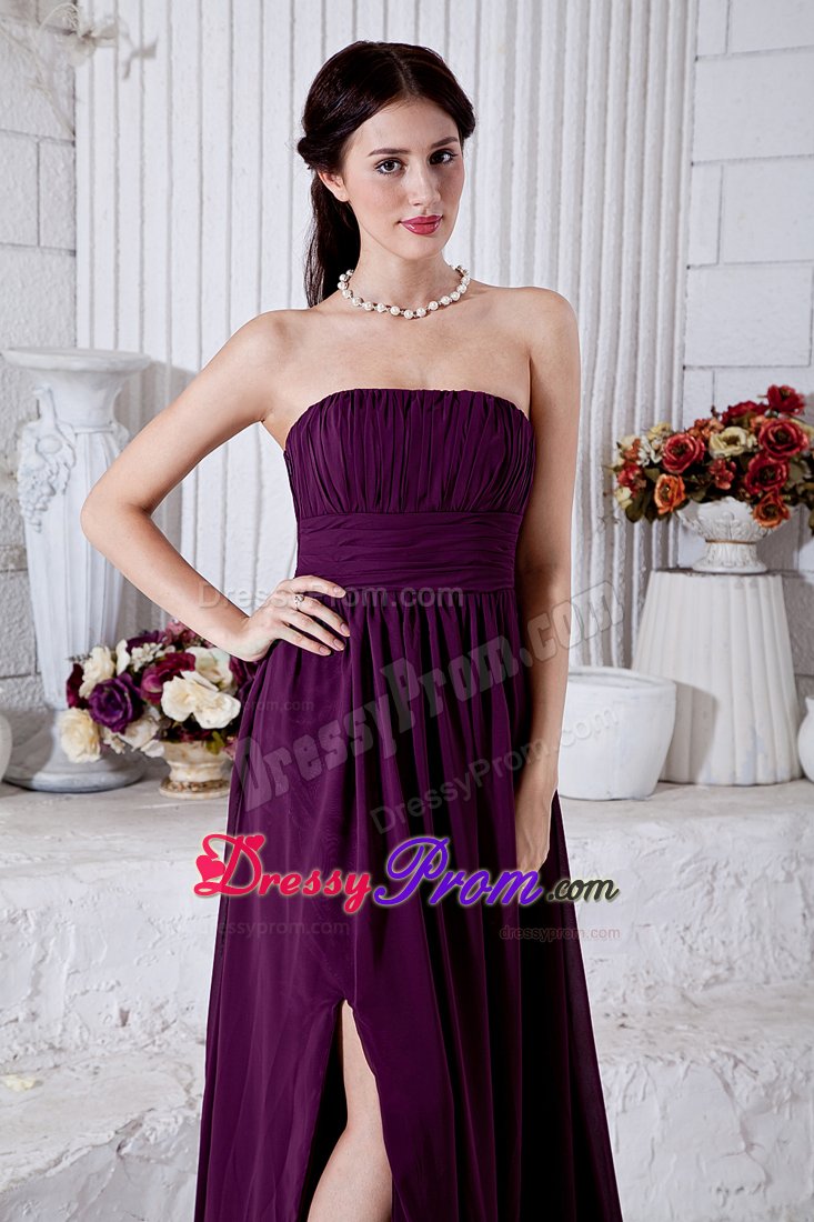 Dark Purple Strapless Ruched Chiffon Brush Train Prom Holiday Dress