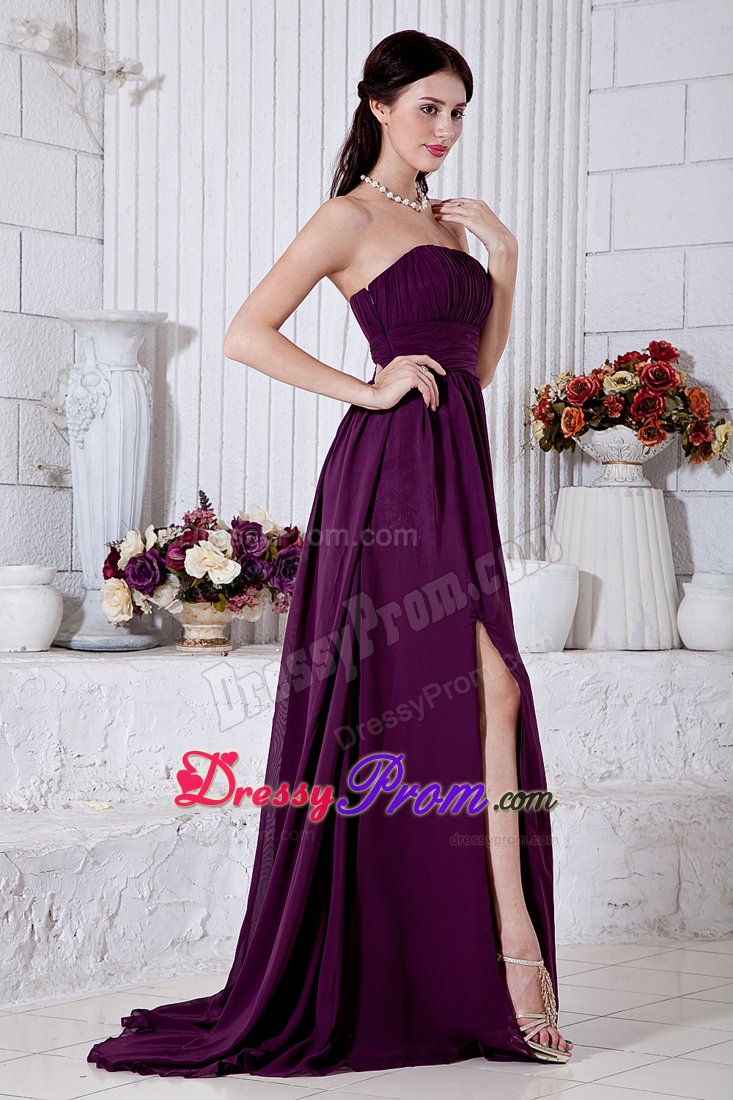Dark Purple Strapless Ruched Chiffon Brush Train Prom Holiday Dress