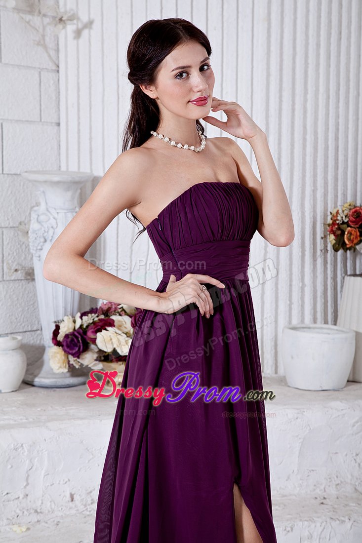 Dark Purple Strapless Ruched Chiffon Brush Train Prom Holiday Dress