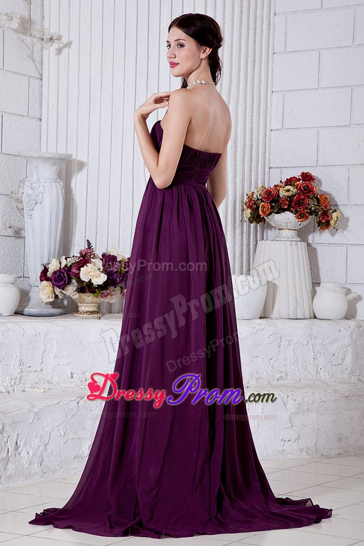 Dark Purple Strapless Ruched Chiffon Brush Train Prom Holiday Dress