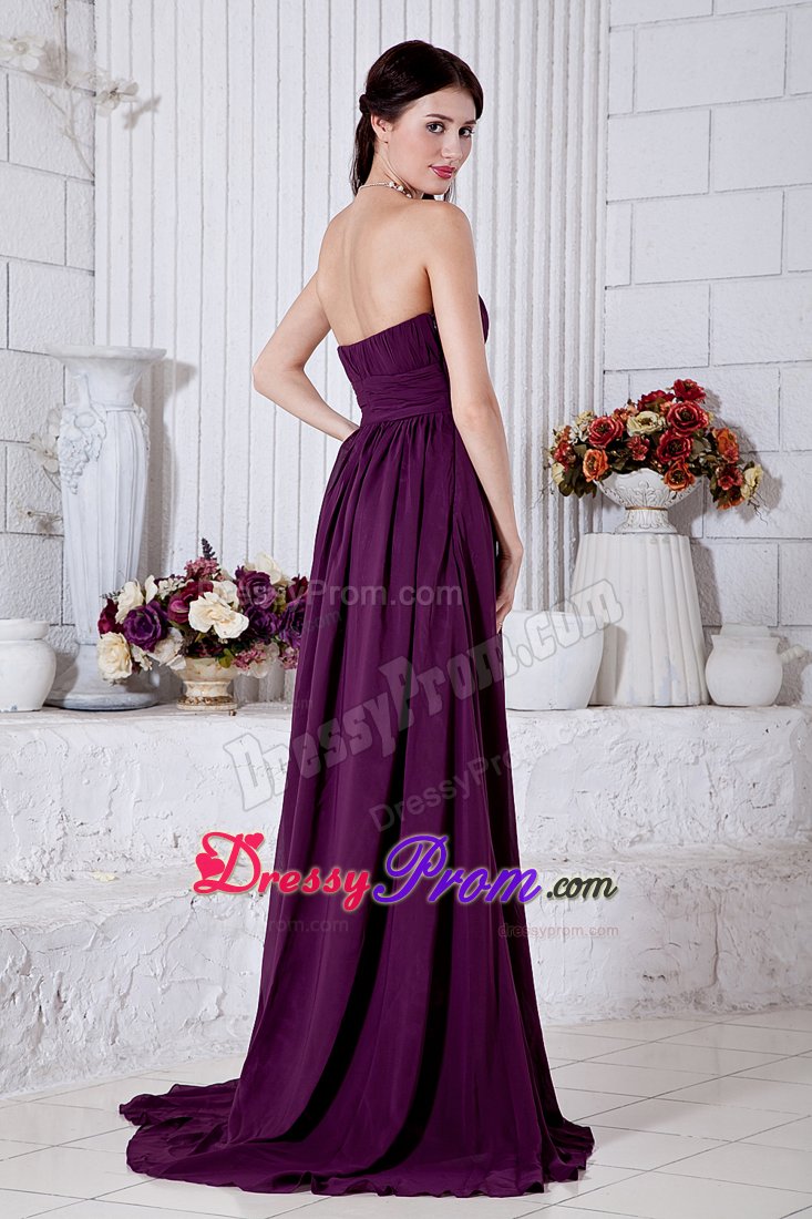 Dark Purple Strapless Ruched Chiffon Brush Train Prom Holiday Dress