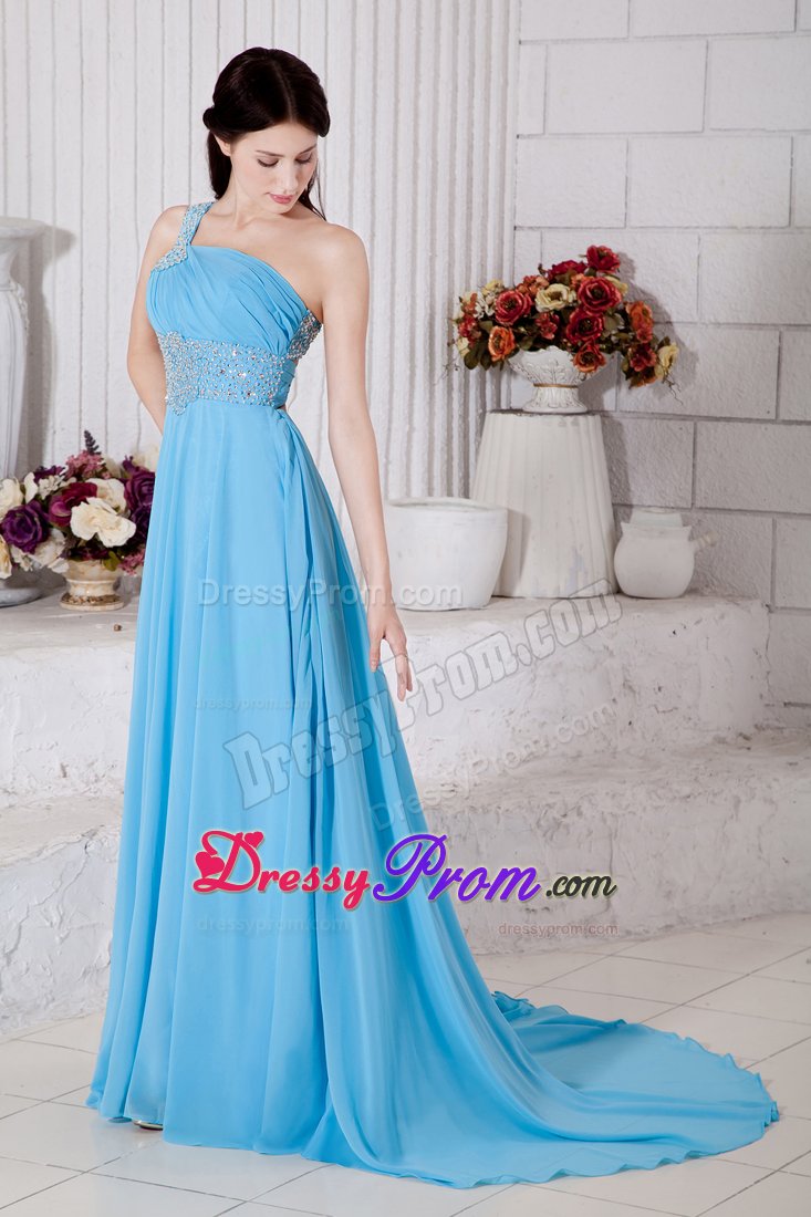 Aqua Blue One Shoulder Chiffon Beading Prom Dress with Brush Train