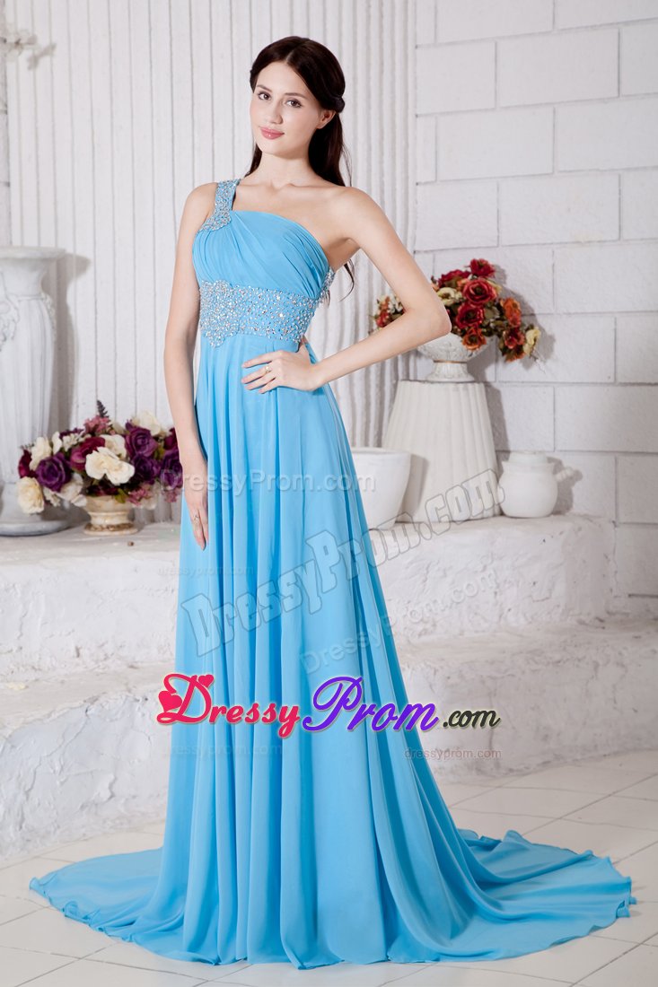 Aqua Blue One Shoulder Chiffon Beading Prom Dress with Brush Train