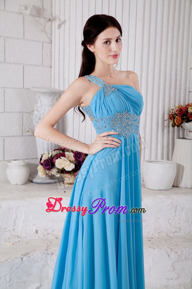 Aqua Blue One Shoulder Chiffon Beading Prom Dress with Brush Train