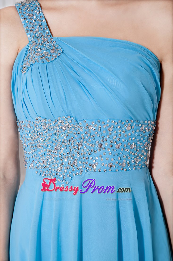 Aqua Blue One Shoulder Chiffon Beading Prom Dress with Brush Train