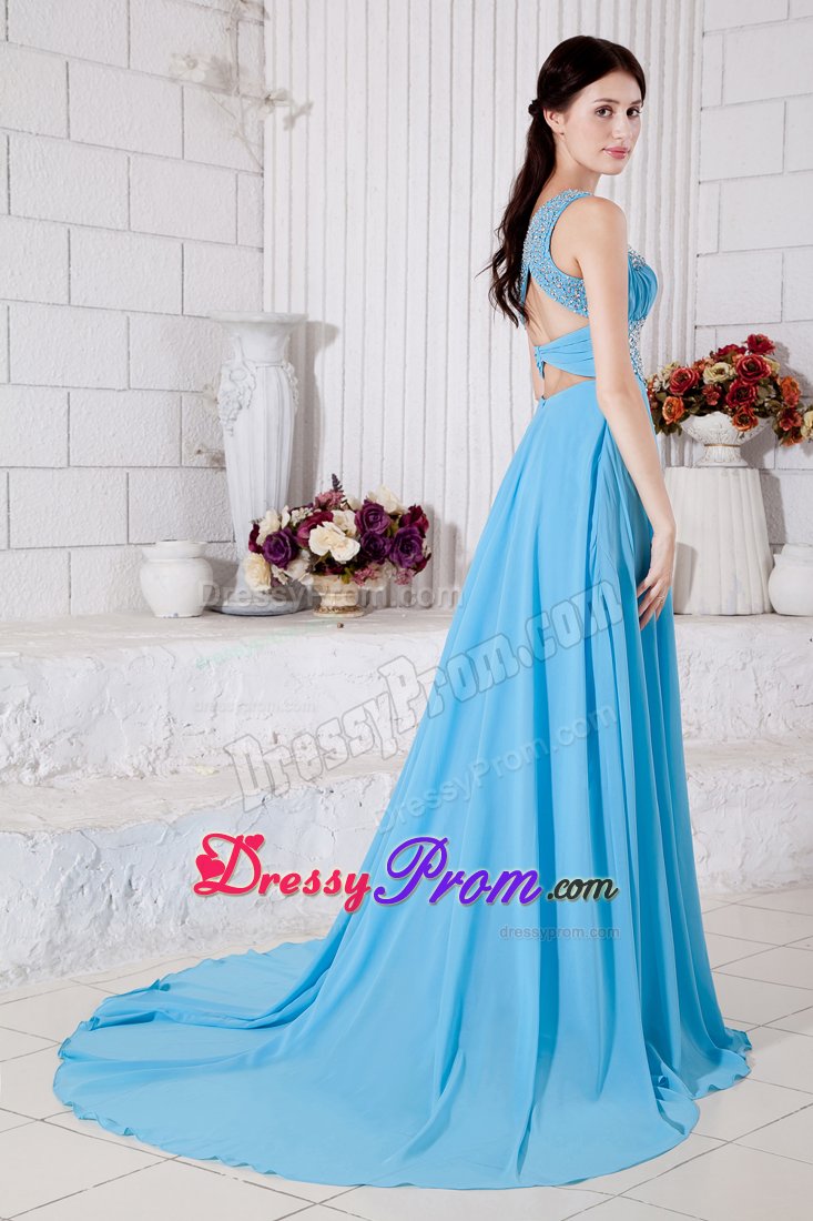 Aqua Blue One Shoulder Chiffon Beading Prom Dress with Brush Train