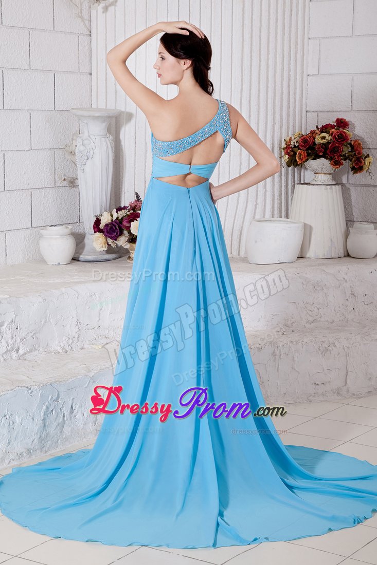 Aqua Blue One Shoulder Chiffon Beading Prom Dress with Brush Train
