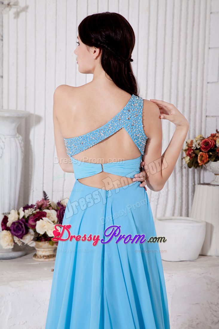 Aqua Blue One Shoulder Chiffon Beading Prom Dress with Brush Train
