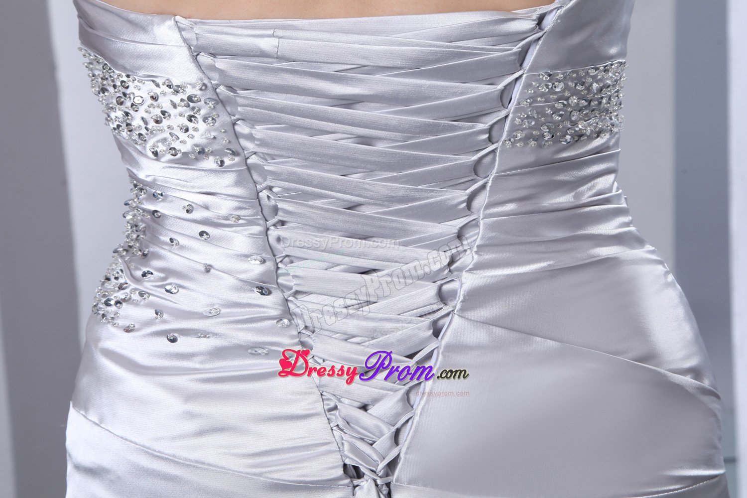 Beaded Column Sliver Ruching Brush Train Evening Prom Dresses