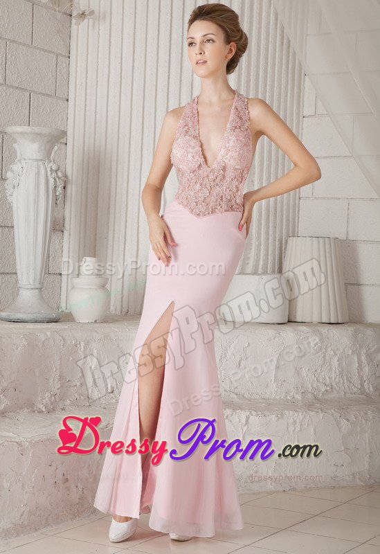 Appliques V-neck Chiffon Baby Pink Prom Evening Dress with Slit