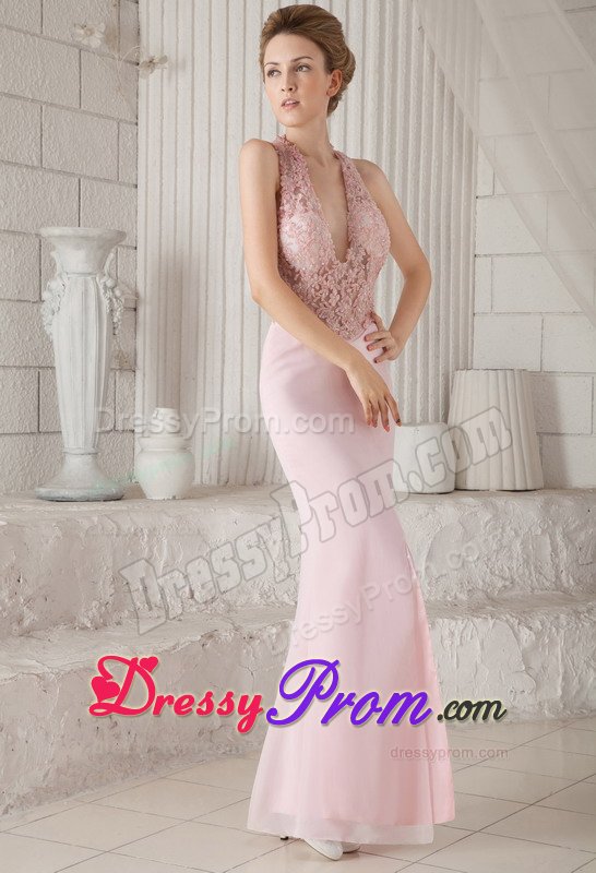 Appliques V-neck Chiffon Baby Pink Prom Evening Dress with Slit