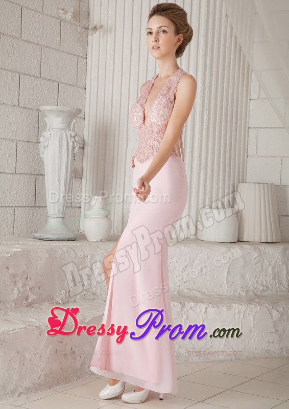 Appliques V-neck Chiffon Baby Pink Prom Evening Dress with Slit