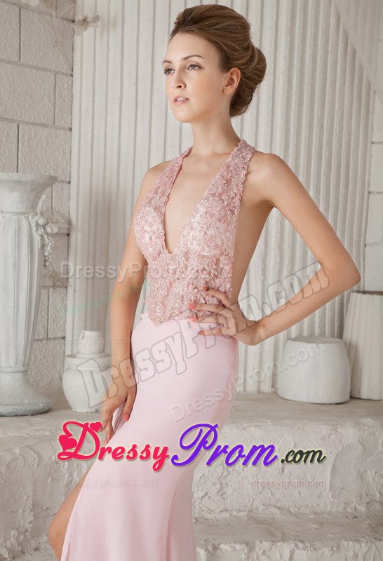 Appliques V-neck Chiffon Baby Pink Prom Evening Dress with Slit