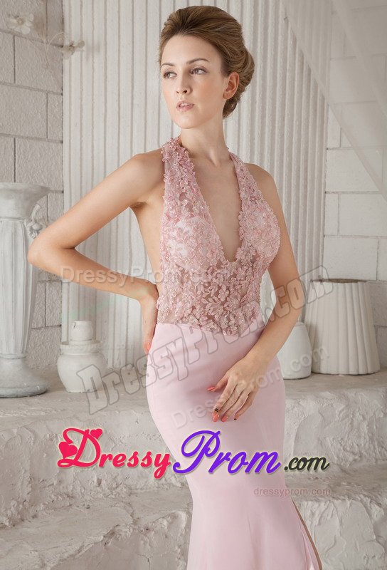 Appliques V-neck Chiffon Baby Pink Prom Evening Dress with Slit