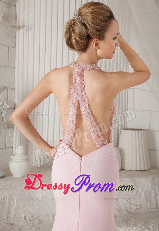 Appliques V-neck Chiffon Baby Pink Prom Evening Dress with Slit