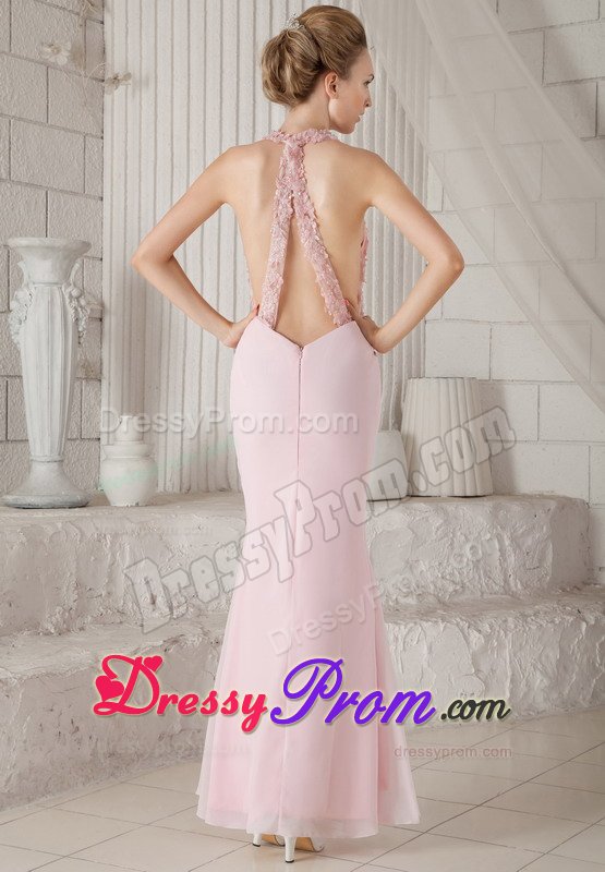 Appliques V-neck Chiffon Baby Pink Prom Evening Dress with Slit