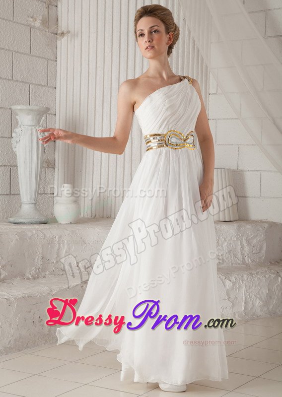 Gold Sequins White Ruched One Shoulder Chiffon Holiday Prom Dress