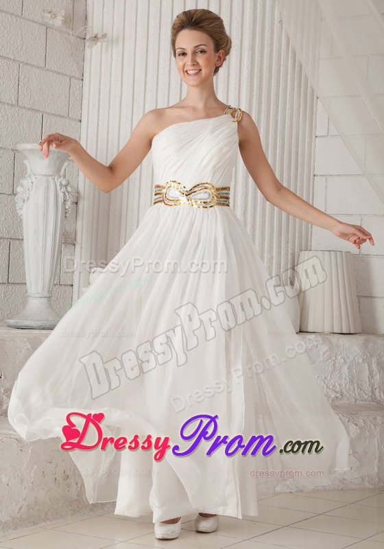 Gold Sequins White Ruched One Shoulder Chiffon Holiday Prom Dress