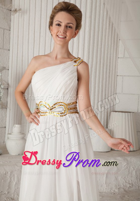 Gold Sequins White Ruched One Shoulder Chiffon Holiday Prom Dress