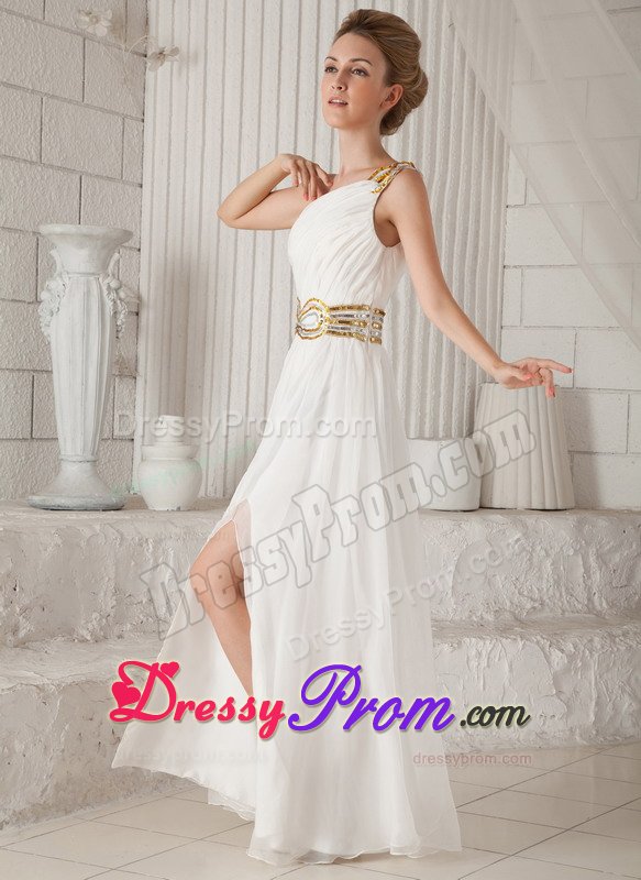 Gold Sequins White Ruched One Shoulder Chiffon Holiday Prom Dress