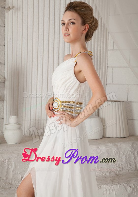 Gold Sequins White Ruched One Shoulder Chiffon Holiday Prom Dress