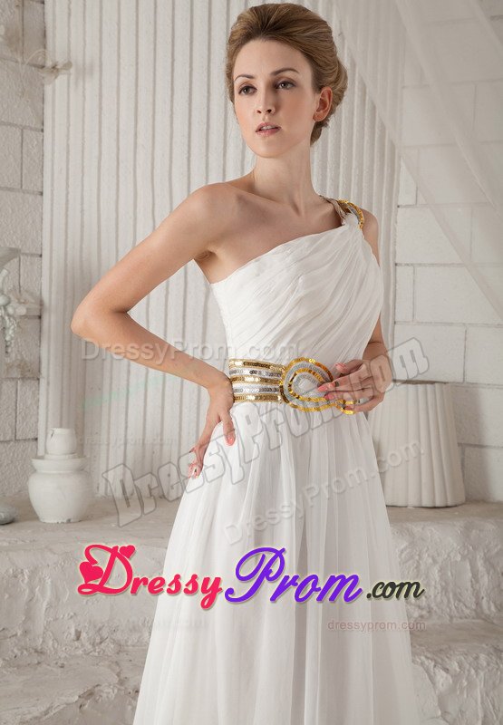 Gold Sequins White Ruched One Shoulder Chiffon Holiday Prom Dress
