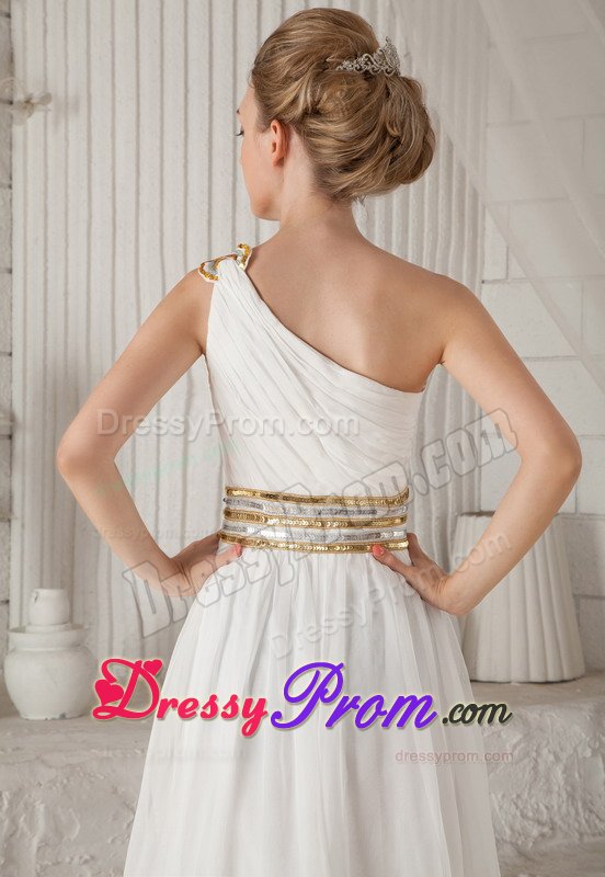 Gold Sequins White Ruched One Shoulder Chiffon Holiday Prom Dress