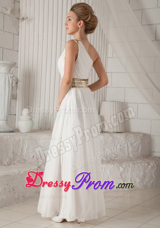 Gold Sequins White Ruched One Shoulder Chiffon Holiday Prom Dress
