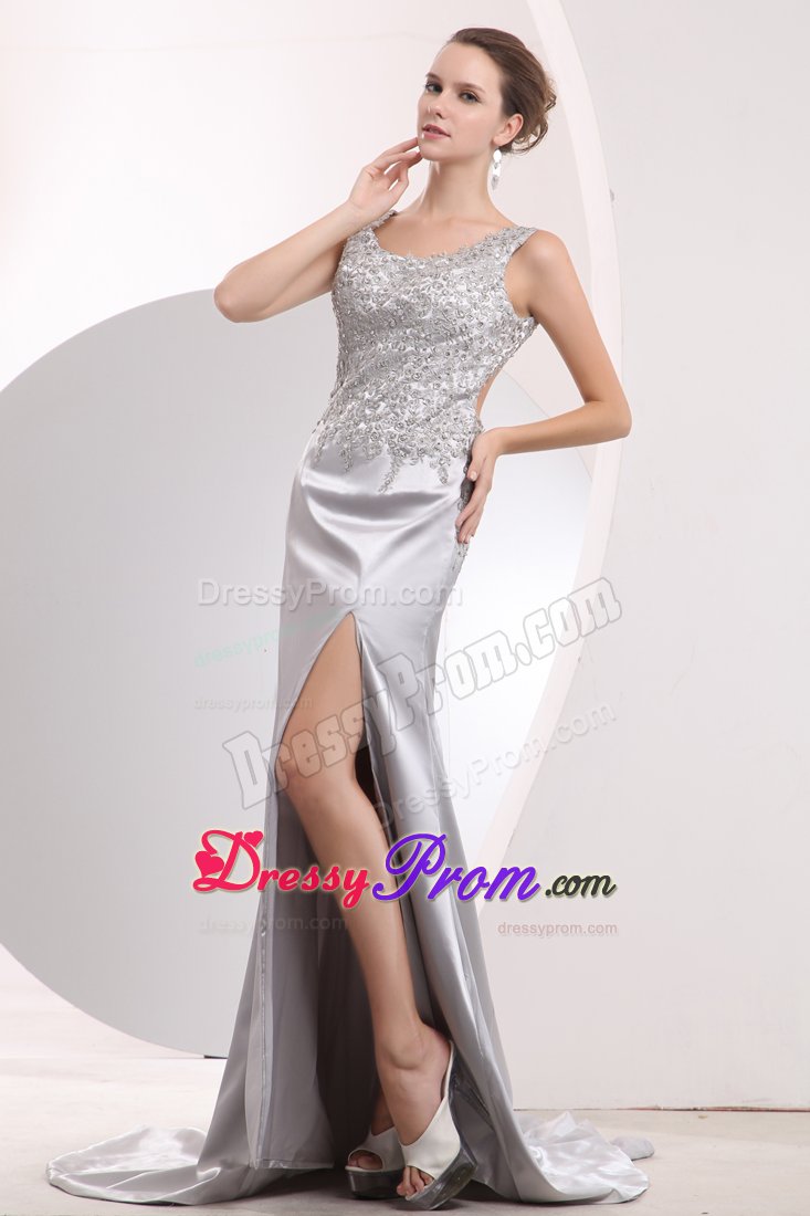 Sliver High Slit Scoop Brush Train Beading Prom Evening Dresses