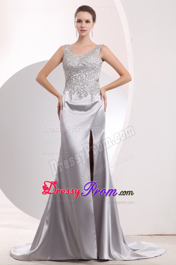 Sliver High Slit Scoop Brush Train Beading Prom Evening Dresses