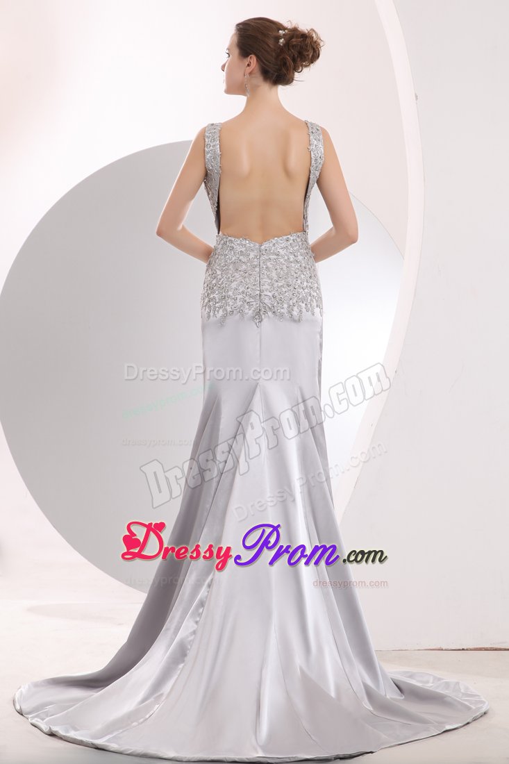 Sliver High Slit Scoop Brush Train Beading Prom Evening Dresses