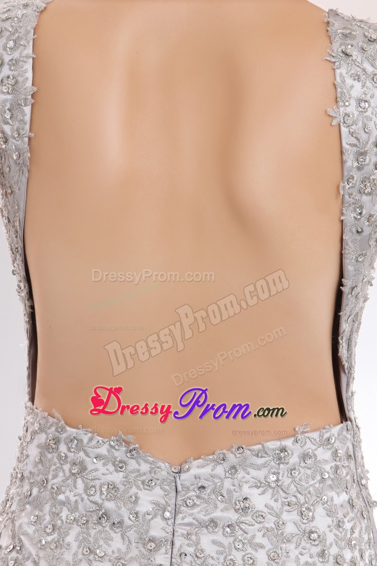 Sliver High Slit Scoop Brush Train Beading Prom Evening Dresses