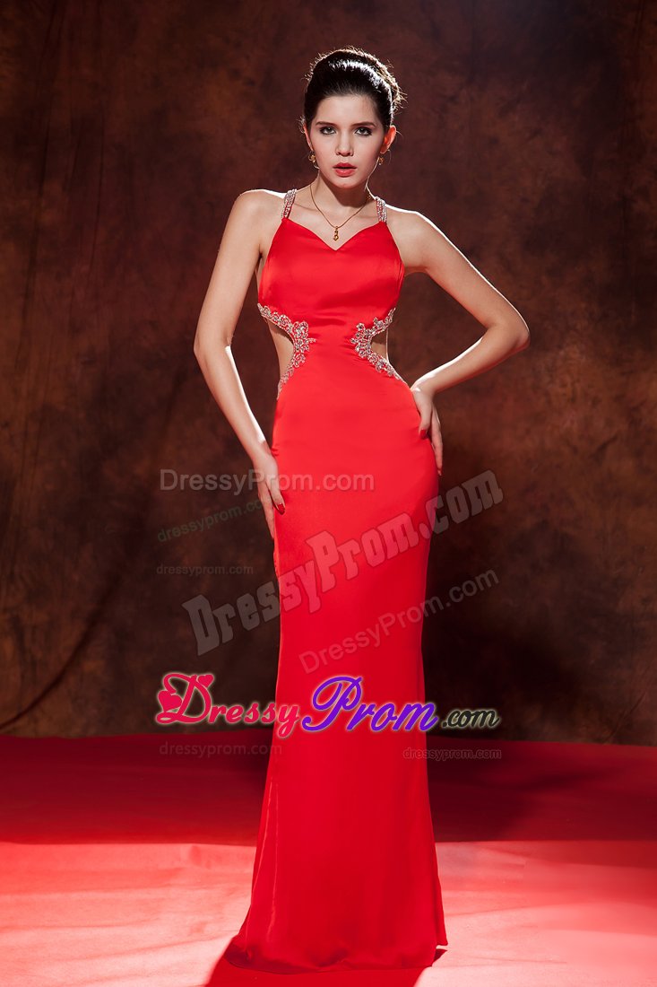 Red Brush Train Chiffon Prom Dress with Beading Spaghetti Straps