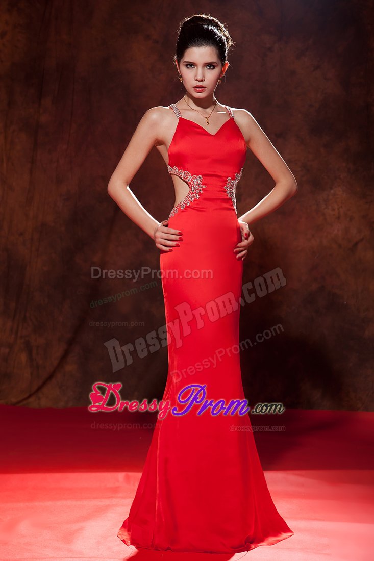 Red Brush Train Chiffon Prom Dress with Beading Spaghetti Straps