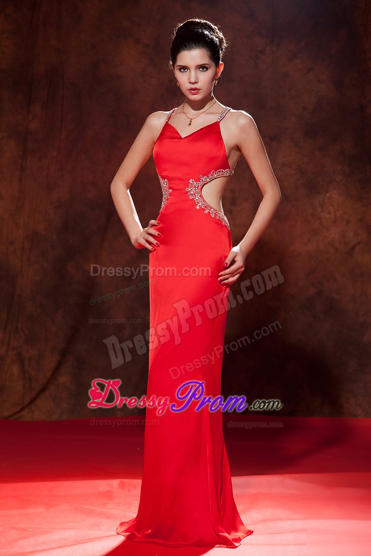 Red Brush Train Chiffon Prom Dress with Beading Spaghetti Straps