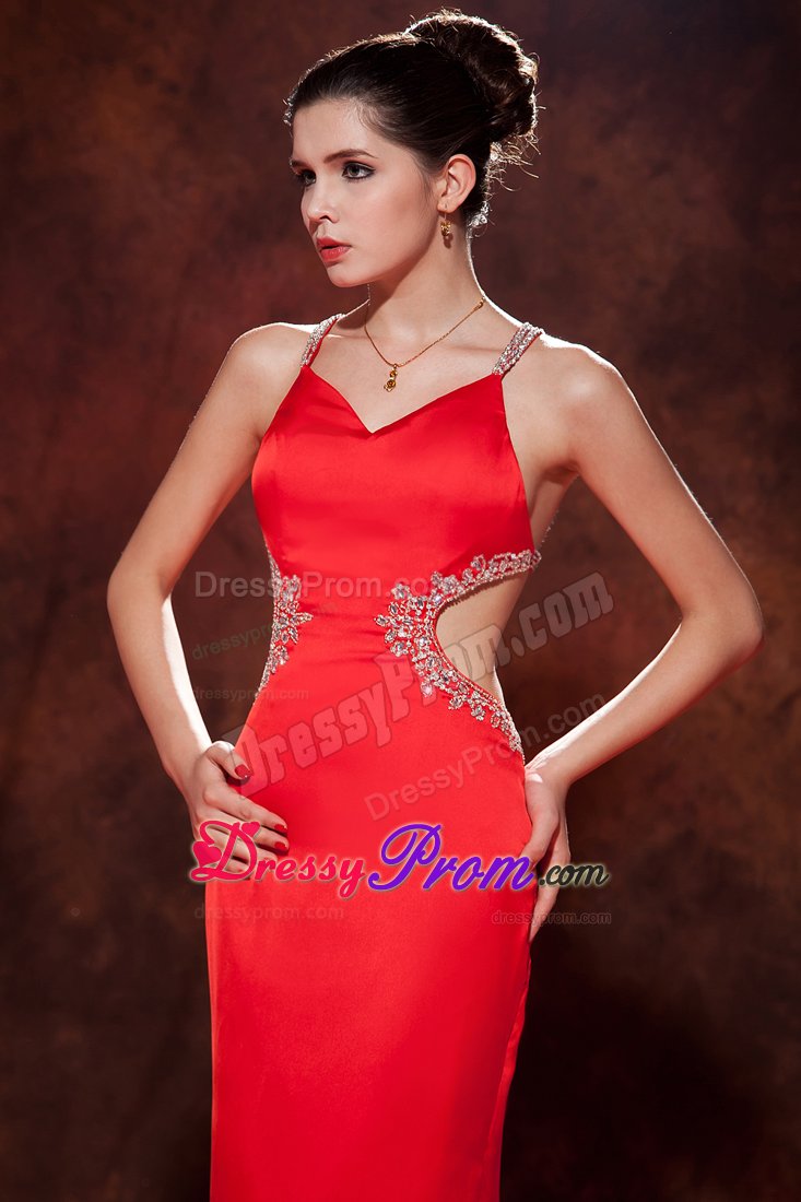 Red Brush Train Chiffon Prom Dress with Beading Spaghetti Straps